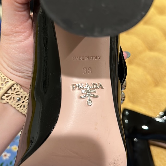 Prada Glossy Leather Block Heels with Silver Flower - Picture 8 of 11
